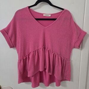 Jolie Pink Ribbed Babydoll Top Ruffle Hem Coquette Soft Girl Stretch Knit Small